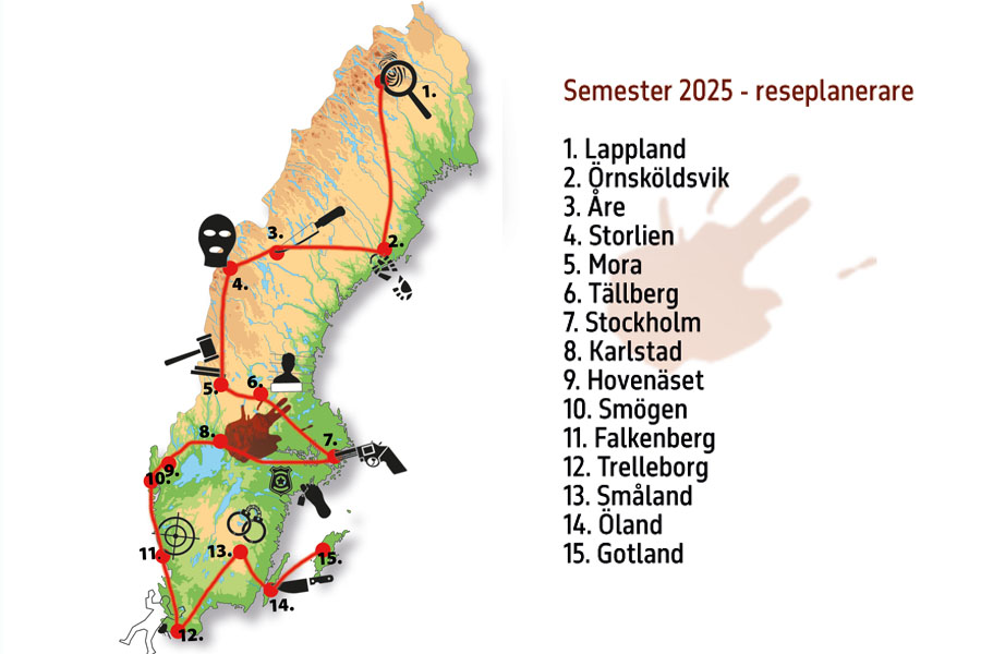 Illustrerad karta av Sverige med markerade destinationer